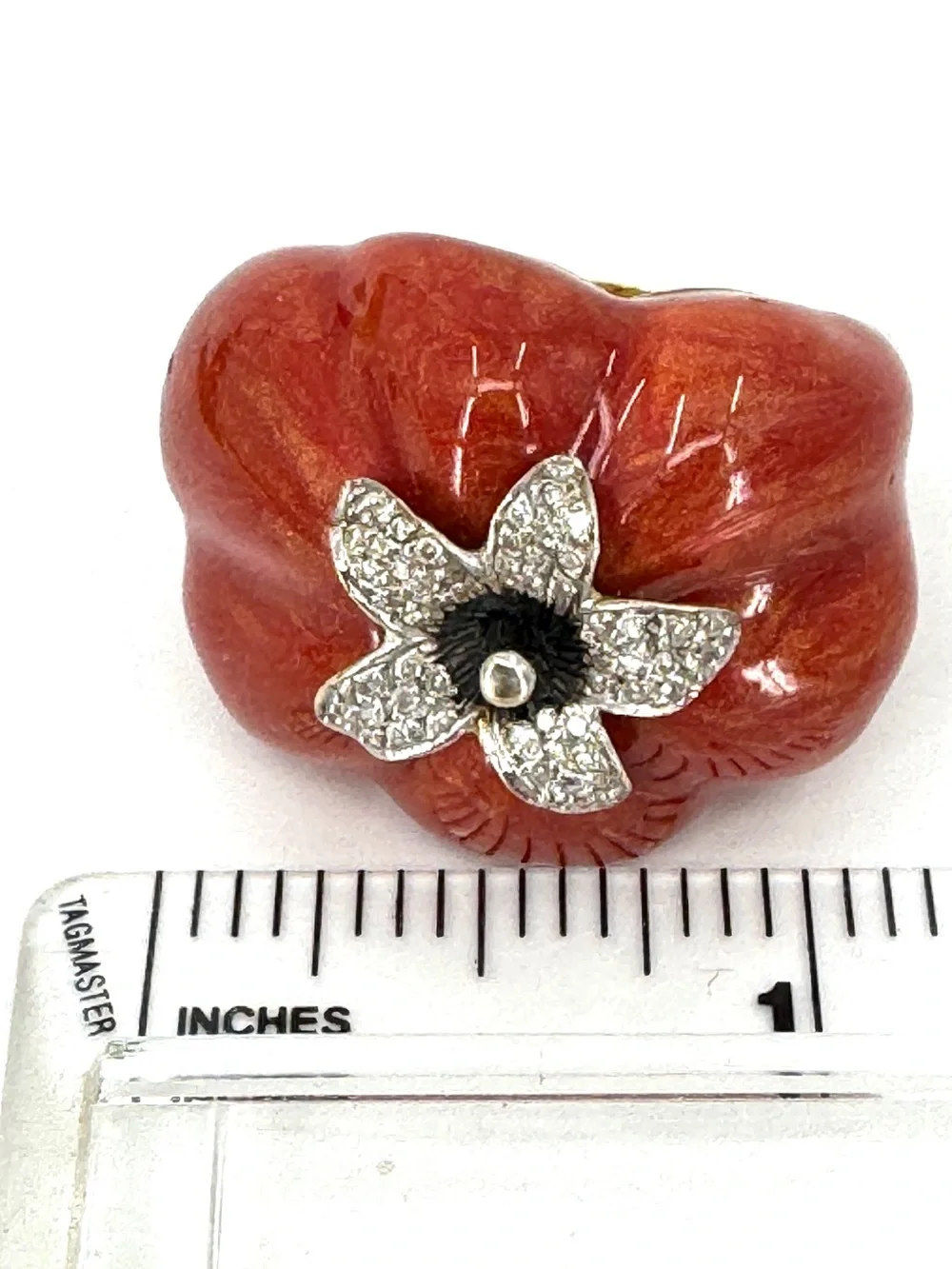 Vintage Floral 18k Gold Enamel Statement Ring with Pave Diamonds